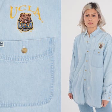 Vintage UCLA Bruins Jean Shirt 90s Denim Button Up University of California Los Angeles Long Sleeve Blue Cotton Chambray 1990s Mens Large L 