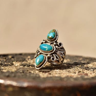 Vintage Silver Triple Turquoise Ring, Elongated Gemstone Ring, Turquoise Ring, Size 5 3/4 US 