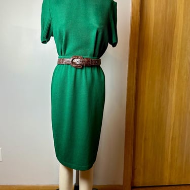 Vintage St John knit skirt & top~ 2 pc Kelly green ribbed woolen knitted pencil skirt and turtleneck SET 90’s timeless~ size SM/ as-seen 