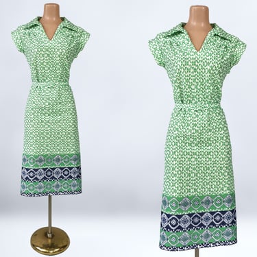 VINTAGE 60s 70s Geometric Op-Art Print Mod Dress | 1960s Belted Dress | Retro GoGo Dress M/L | Green, Blue, White NPC Fashions Sz 12 vfg 