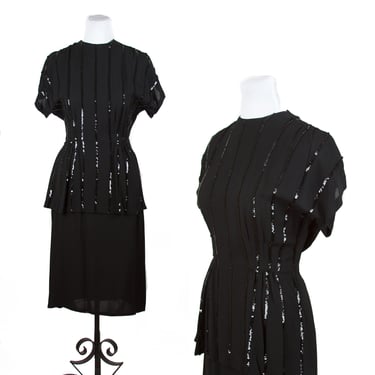 Vintage 1940s Dress ~ Black Striped Sequin Peplum Rayon Dress 