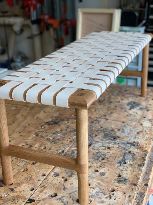 Custom white oak bench with natural leather 