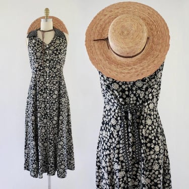 tie back button maxi dress - s - vintage 90s 1990s cottage cottagecore dark flower small long rayon minimal dark flowers grunge tie back 
