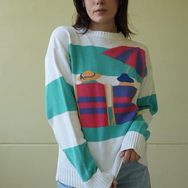 1990's Novelty Sweater / Beach Chair Cotton Knit Beach Palm Tree Scene Nautical Sweater Top / Slouchy Knitwear / Intarsia Knit Top 