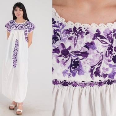 Mexican Embroidered Dress 90s White Oaxacan Floral Midi Dress Purple Flower Tent Peasant Cotton Hippie Summer Vintage 1990s Small Medium 