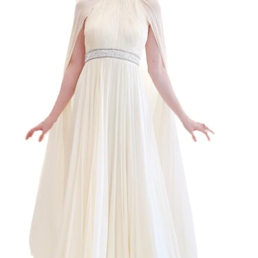 Claude Riha White Caped Gown with Beaded Neckline and Waistline 