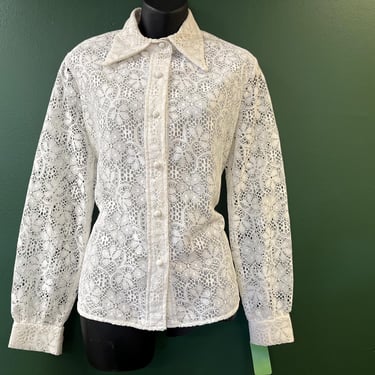 1960s white lace blouse vintage lacy button down XL 