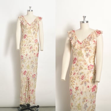 Vintage 2000s Dress / Y2K Diane Freis Floral Silk Gown / Cream Pink ( XS S M ) 