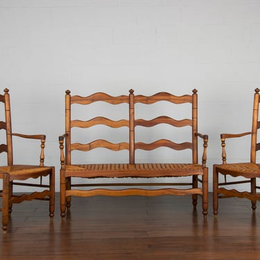 Antique Country French Provincial Ladder Back Rush Seat Loveseat W/ Two Armchairs - Set of 3 
