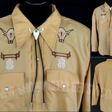 Unbranded Vintage Men's Cowboy & Rodeo Shirt, Light Gold with Embroiderd Longhorns, Cactus and Fences, Tag Size 15-15.5 (see meas. photo) 