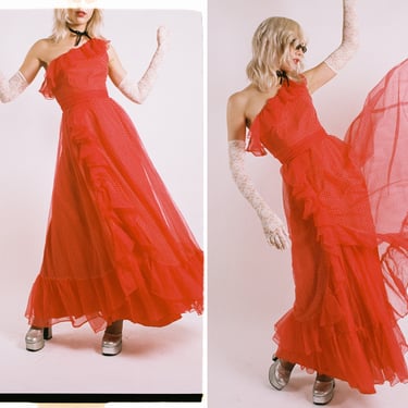 Vintage 1970s 70s Bright Red Polka Dot Ruffle One Shoulder Flouncy Puff Skirt Maxi Gown Dress 