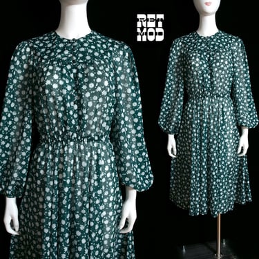 Lovely Vintage 70s Green & White Floral Fit and Flare Day Dress 