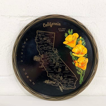 Vintage Metal California Drink Tray Souvenir Mid-Century Barware Gold Orange Black Golden Poppies Poppy 