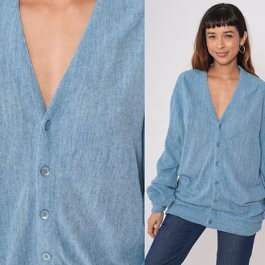Heather Blue Cardigan 80s Button Up Knit Sweater Retro Grunge Grandpa Sweater Slouchy Acrylic Normcore Boho Vintage 1980s Men's Large Tall 