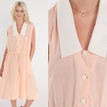 70s Button Up Dress Peach Pink Shirtwaist Dress Semi-Sheer Collared Midi Sleeveless Pastel Shirtdress Day Retro Summer Vintage 1970s Medium 