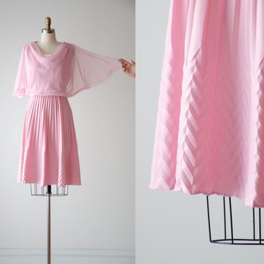 pink chiffon dress | 70s 80s vintage pastel rose pink pleated flutter sleeve cottagecore knee length dress 
