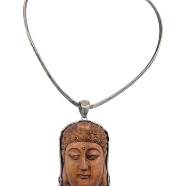 Carved Wooden Buddha Sterling Silver Pendant Necklace