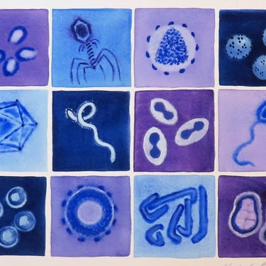 Viruses in Purple and Blue  - original watercolor painting - microbiology art 