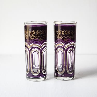 Pair of vintage MCM skinny highball glasses Moroccan style purple and gold tumblers 