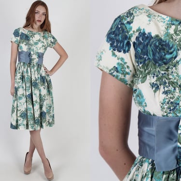 Vintage 50s Blue Floral Print Dress / Formal 1950s Garden Party Outfit / Pretty Brocade Style Pin Up Dress 