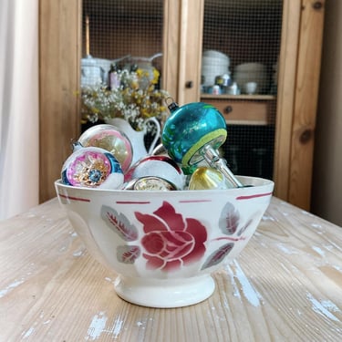 Beautiful vintage French ironstone cafe au lait bowl in raspberry, red. 