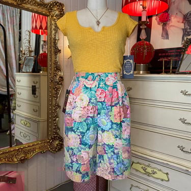 vintage 1980s high waisted pleated denim shorts with rose print retro mom floral 