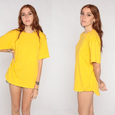 Golden Yellow Pocket Shirt 1990s T Shirt Blank Plain TShirt 90s Vintage Tshirt Top Retro Tee Basic Shirt Medium Large 