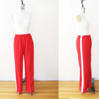 Vintage 70s Red White Stripe Athletic Warm Up Pants Tall S M  - 1970s High Waist Track Running Sports Pants 