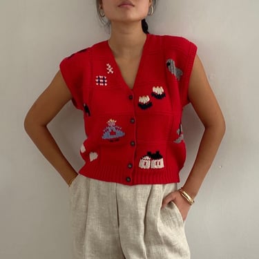 70s handknit sweater vest gilet / vintage red wool hand knit embroidered scenic folklore novelty sleeveless button up sweater vest | Medium 