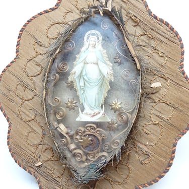 Antique Relic in  Reliquary,  Vintage Hand Made French Religious Icon Shrine, Saint Mary Die Cut 