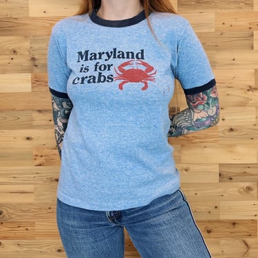 70's Vintage Maryland Is For Crabs Distressed Ringer Tee Shirt T-Shirt 