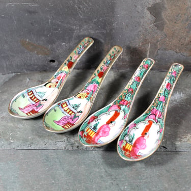 Set of 4 Vintage Figural Japanese Soup Spoons Hand Painted in Hong Kong | Soup Spoons | 2 Figural Motifs Hand Painted Japanese Porcelain 