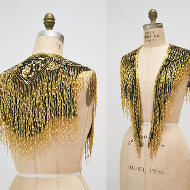 90s Vintage Gold Black Beaded Rhinestone Shawl Wrap Burlesque Wedding Flapper Gold Metallic Beaded Vintage Fringe Collar Shawl GOld Flapper 