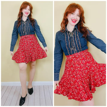 1990s Vintage Circle T Marilyn Lenox Mini Skirt / 90s Red Heart Print Western Rayon Skirt / Medium 