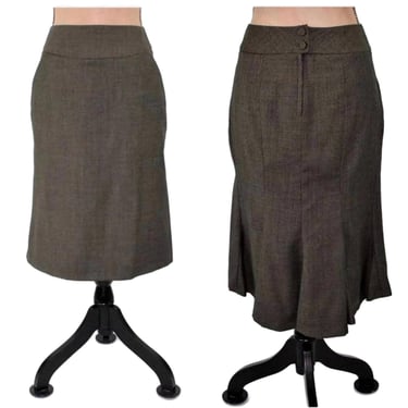 XS- Small Y2K Fishtail Pencil Skirt, Wool Midi with Pockets, Taupe Brown Houndstooth Fall Winter 2000s Clothes Women Vintage Banana Republic 