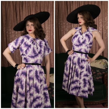 1950s Dress - Sensation Vintage 50s Halter Sundress in a Purple Feather Print on Cotton Pique with Matching Bolero Jacket 