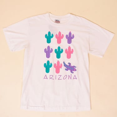 White Arizona Cactus Graphic Tee Shirt By Oneita, L