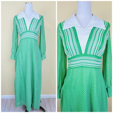 1970s Vintage Green Striped Cotton Maxi Dress / 70s . Seventies White Color Polka Dot Gown / Size Medium 