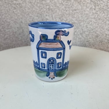 Vintage M A Hadley pottery cup Blue House theme with The End 