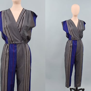 1980s Eber Striped Jumpsuit, 80s Jumpsuit, Vintage New Wave Fashion, Size Medium by Mo