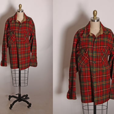 1970s Red and Green Holiday Christmas Plaid Long Sleeve Wool Mens Jacket by Woolrich -XL 