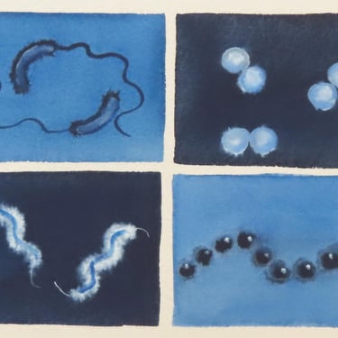 Blue Microbes - original watercolor painting of bacteria - microbiology art 