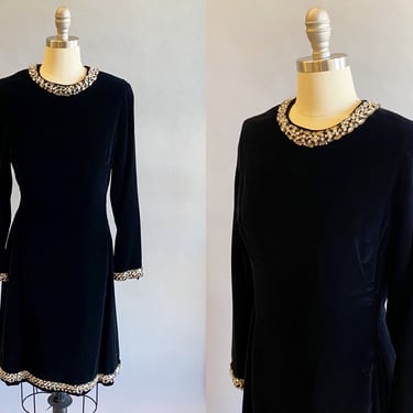 1960s Black Velvet Dress with Rhinestone Trim / 60s Sheath Dress / 1960s Cocktail Dress / Little Black Dress / Size Medium 