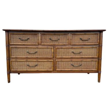 Rattan Dresser with 7 Drawers by Dixie - Vintage Faux Bamboo Wood & Wicker Hollywood Regency Coastal Credenza Furniture 