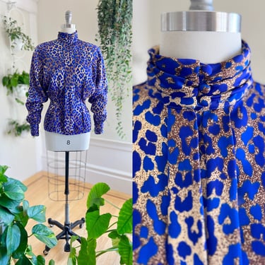 Vintage 1980s Blouse | 80s Leopard Animal Print Satin Cobalt Blue Long Sleeve Mock Neck Secretary Wear to Work Top (medium/large) 
