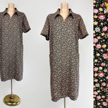 VINTAGE 60s 70s Calico Floral Smock Dress With Hip Pockets | 1960s Plus Size Volup | 1970s Zip Front Shift Dress 
