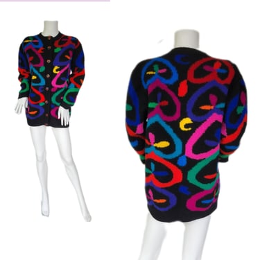 Robyn Malcolm 1990's Black Colorful Heart Print Wool Cardigan Sweater I Sz Med I Oversized 