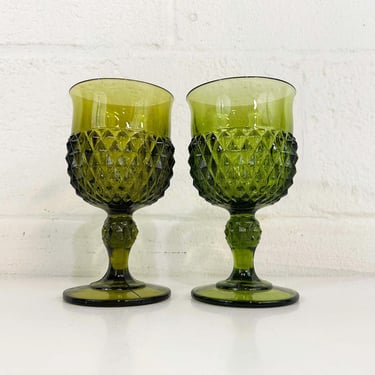 Vintage Green Water Glasses Round Base Goblet Set of 2 Indiana Stemmed Glass Olive Green Avocado 1960s 60s Wine Christmas 