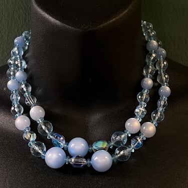 vintage Japan moonglow bead necklace 1950s pale blue prism tiered statement choker 