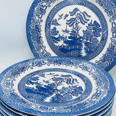 Vintage 7 PC Dinner Plate Set  EIT Blue and  White  Blue Willow England- Great Condition- 10.25